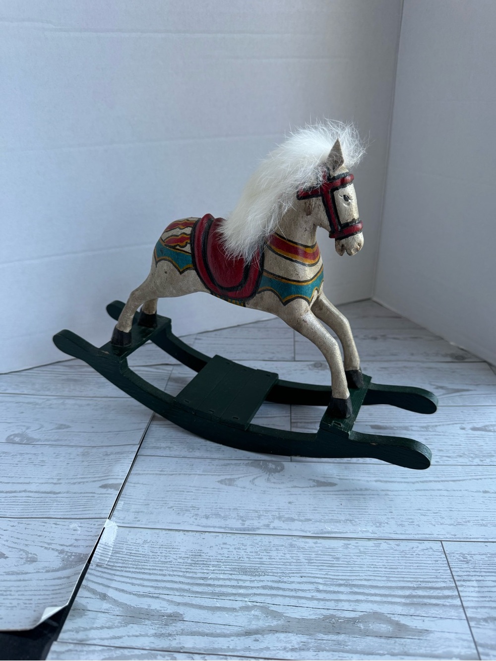 Classic Beige and Green Wooden Rocking Horse Toy Decor Piece